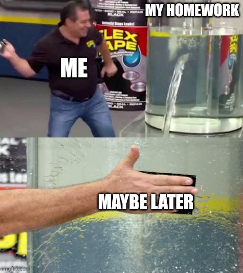 School | My homework; Me; Maybe later | image tagged in flex tape | made w/ Imgflip meme maker