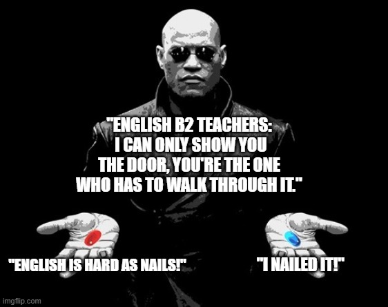 morpheus matrix blue pill red pill | "English B2 teachers:
 I can only show you the door, you're the one who has to walk through it."; "I nailed it!"; "English is hard as nails!" | image tagged in morpheus matrix blue pill red pill | made w/ Imgflip meme maker