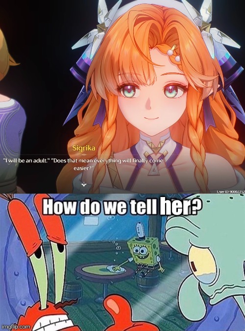 I wish I could tell Sigrika how hard it is as an adult, but I can't. | her | image tagged in how do we tell him,adult,wuthering waves | made w/ Imgflip meme maker