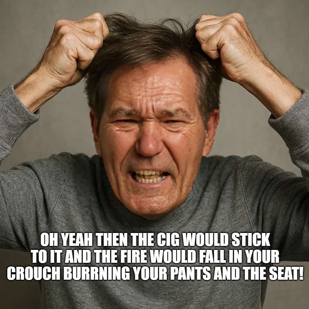 WHY! | OH Yeah Then the cig would stick to it and the fire would fall in your crouch burrning your pants and the seat! | image tagged in why | made w/ Imgflip meme maker