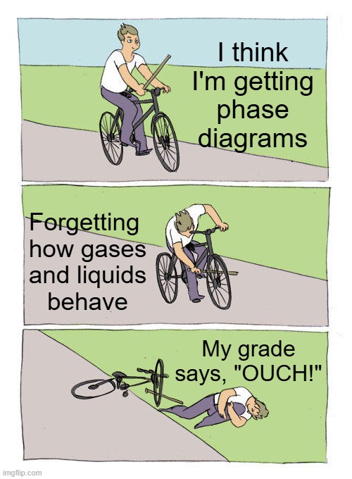 PHYSICAL PROPERTIES in Phase Diagrams | I think
I'm getting
phase
diagrams; Forgetting 
how gases
and liquids
behave; My grade says, "OUCH!" | image tagged in memes,bike fall,pchem,thermo,phase diagrams | made w/ Imgflip meme maker
