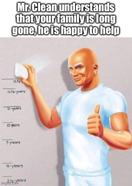Get scrubbing | Mr. Clean understands that your family is long gone, he is happy to help | image tagged in memes,dark humor,mr clean | made w/ Imgflip meme maker