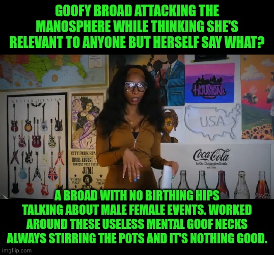 Funny | Goofy broad attacking the manosphere while thinking she's relevant to anyone but herself say what? A broad with no birthing hips talking about male female events. Worked around these useless mental goof necks always stirring the pots and it's nothing good. | image tagged in funny,goofy,mgtow,red pill blue pill,mental health,women vs men | made w/ Imgflip meme maker