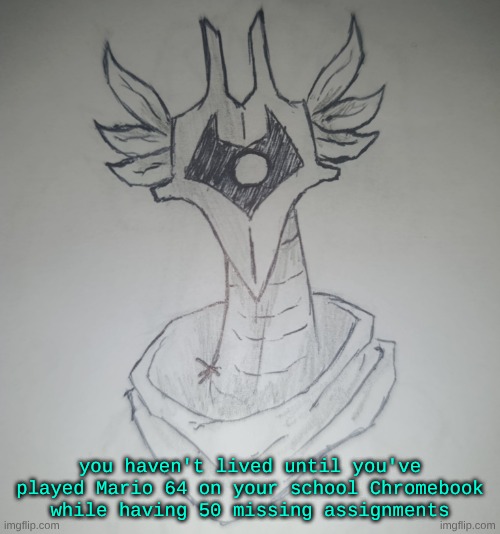 Hunter Temp by ShadowSkul | you haven't lived until you've played Mario 64 on your school Chromebook while having 50 missing assignments | image tagged in hunter temp by shadowskul | made w/ Imgflip meme maker