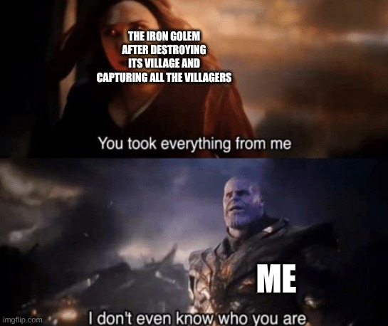 be kind to villagers | the iron golem after destroying its village and capturing all the villagers; me | image tagged in you took everything from me | made w/ Imgflip meme maker