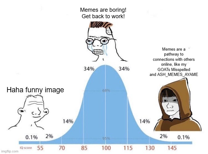 Shoutouts to all of yall in abyss | Memes are boring! Get back to work! Memes are a pathway to connections with others online, like my GOATs Misspelled and ASH_MEMES_AYAME; Haha funny image | image tagged in bell curve,misspelled,friendship | made w/ Imgflip meme maker