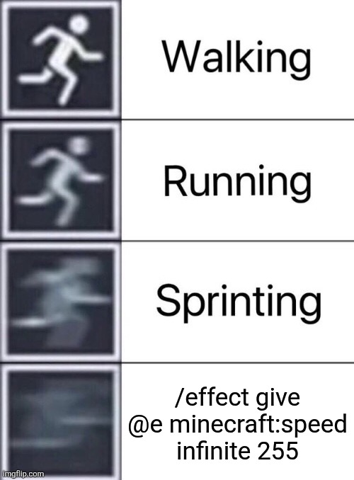 Command | /effect give @e minecraft:speed infinite 255 | image tagged in walking running sprinting,minecraft | made w/ Imgflip meme maker