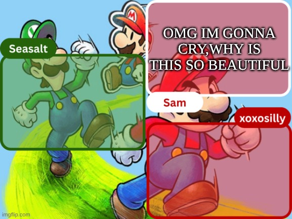 Sam, Seasalt, & xoxosilly temp | OMG IM GONNA CRY,WHY IS THIS SO BEAUTIFUL | image tagged in sam seasalt xoxosilly temp | made w/ Imgflip meme maker