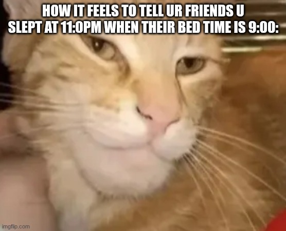 Good old' days | how it feels to tell ur friends u slept at 11:0pm when their bed time is 9:00: | image tagged in cat mewing,so true | made w/ Imgflip meme maker