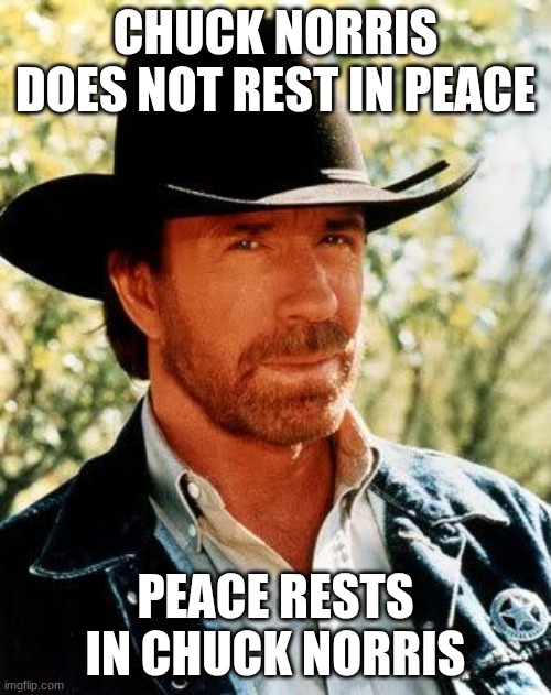 Chuck Norris Meme | Chuck Norris does not rest in peace; Peace rests in Chuck Norris | image tagged in memes,chuck norris | made w/ Imgflip meme maker