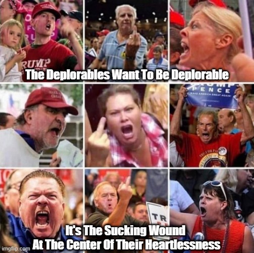 The Deplorables Want To Be Deplorable | The Deplorables Want To Be Deplorable; It's The Sucking Wound 
At The Center Of Their Heartlessness | image tagged in deplorables,maga,magats,cruelty,heartlessness,meanness | made w/ Imgflip meme maker