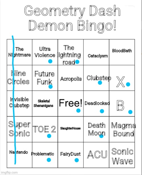 Blank Bingo | Geometry Dash Demon Bingo! Ultra Violence; BloodBath; The Nightmare; The lightning road; Cataclysm; Nine Circles; Clubstep; Acropolis; Future Funk; X; B; Deadlocked; Invisible Clubstep; Skeletal Shenanigans; Super Sonic; Magma Bound; TOE 2; SlaughterHouse; Death Moon; Nantendo; Problematic; ACU; FairyDust; Sonic Wave | image tagged in blank bingo,geometry dash | made w/ Imgflip meme maker