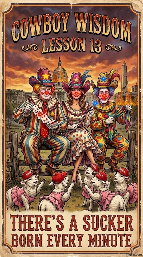 COWBOY WISDOM: LESSON 13 | image tagged in cowboy wisdom,cowboy father and son,sam elliott special kind of stupid,circus,clown applying makeup,memes | made w/ Imgflip meme maker