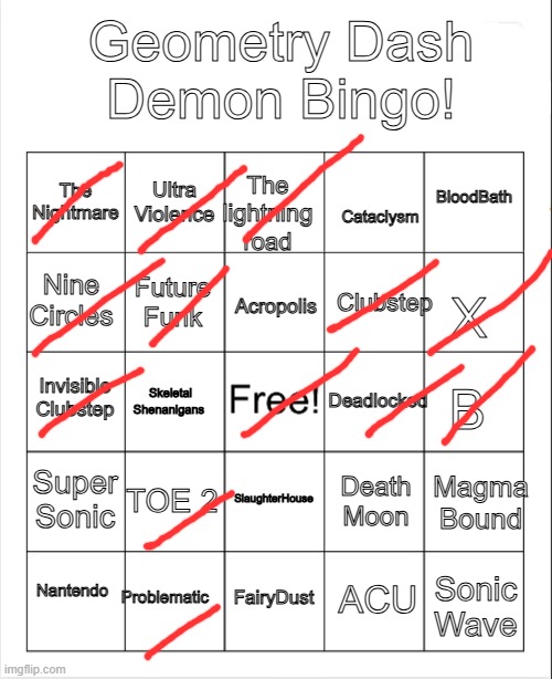 so close yet so far | Geometry Dash Demon Bingo! Ultra Violence; BloodBath; The Nightmare; The lightning road; Cataclysm; Nine Circles; Clubstep; Acropolis; Future Funk; X; B; Deadlocked; Invisible Clubstep; Skeletal Shenanigans; Super Sonic; Magma Bound; TOE 2; SlaughterHouse; Death Moon; Nantendo; Problematic; ACU; FairyDust; Sonic Wave | image tagged in blank bingo | made w/ Imgflip meme maker