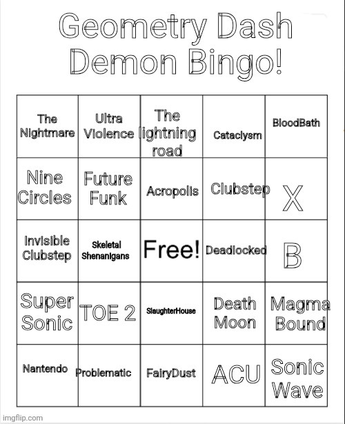 Comment reposting marking the ones you beat! This one makes things easier so they aren't textboxes in your way. | image tagged in bingo,geometry dash | made w/ Imgflip meme maker