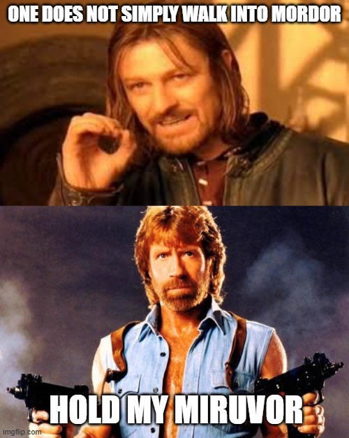 Chuck Norris Walked into Mordor | one does not simply walk into mordor; hold my miruvor | image tagged in chuck norris,frustrated boromir,mordor | made w/ Imgflip meme maker