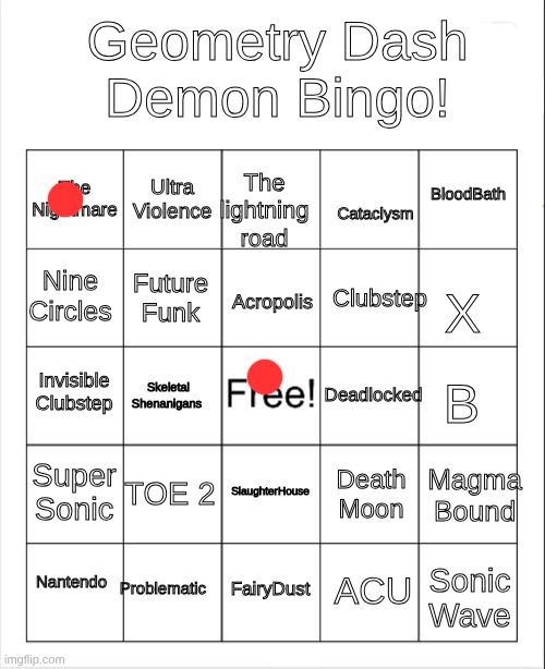 am I goated | Geometry Dash Demon Bingo! Ultra Violence; BloodBath; The Nightmare; The lightning road; Cataclysm; Nine Circles; Clubstep; Acropolis; Future Funk; X; B; Deadlocked; Invisible Clubstep; Skeletal Shenanigans; Super Sonic; Magma Bound; TOE 2; SlaughterHouse; Death Moon; Nantendo; Problematic; ACU; FairyDust; Sonic Wave | image tagged in blank bingo | made w/ Imgflip meme maker