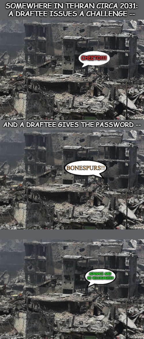Tehran 2031draftee challenge | Somewhere in Tehran Circa 2031:
A draftee issues a challenge --; Cheeto!!! | image tagged in draftee,bonespurs,cheeto,challenge and response | made w/ Imgflip meme maker