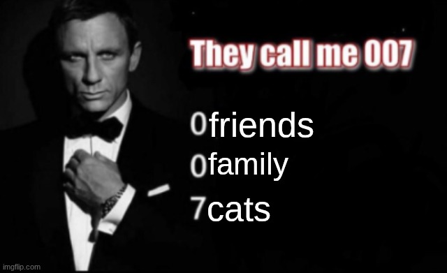 They call me 007 | friends; family; cats | image tagged in they call me 007 | made w/ Imgflip meme maker