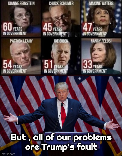 Politicians suck , Career Politicians are worse | But , all of our problems
are Trump's fault | image tagged in donald trump,politicians suck,but that's not my fault,vote wisely,out with the old,american royalty | made w/ Imgflip meme maker
