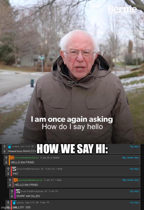 How do I say hello; How we say hi: | image tagged in memes,bernie i am once again asking for your support,slivertheshinyeevee,eeveeabelisglecspike,lemon_vee-173 | made w/ Imgflip meme maker