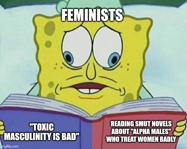 The hypocrisy is unbelievable: | Feminists; Reading smut novels about "alpha males" who treat women badly; "Toxic masculinity is bad" | image tagged in cross eyed spongebob,funny memes | made w/ Imgflip meme maker