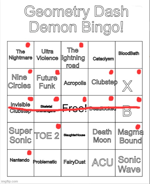 It took a while to make because I just had to go and beat Invisible Clubstep to get a bingo | Geometry Dash Demon Bingo! Ultra Violence; BloodBath; The Nightmare; The lightning road; Cataclysm; Nine Circles; Clubstep; Acropolis; Future Funk; X; B; Deadlocked; Invisible Clubstep; Skeletal Shenanigans; Super Sonic; Magma Bound; TOE 2; SlaughterHouse; Death Moon; Nantendo; Problematic; ACU; FairyDust; Sonic Wave | image tagged in gd bingo,tachyon_z | made w/ Imgflip meme maker