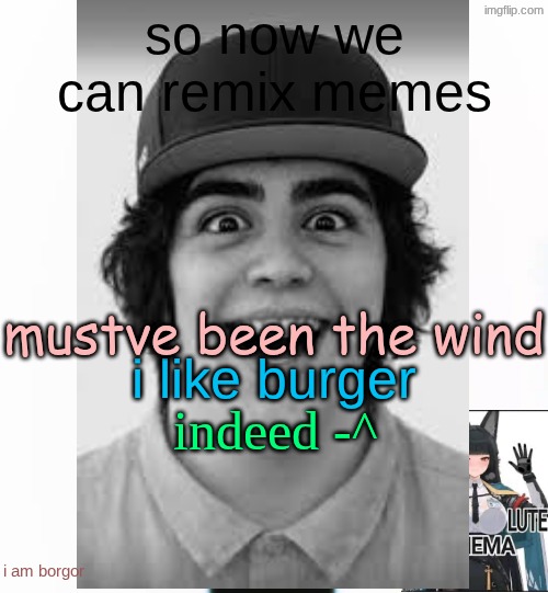 locked in alien | so now we can remix memes; i like burger; mustve been the wind; indeed -^; i am borgor | image tagged in locked in alien | made w/ Imgflip meme maker