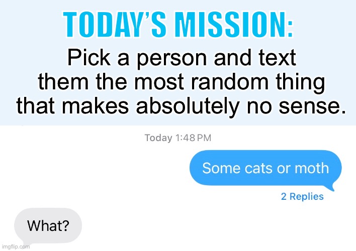 Try it | Today’s mission:; Pick a person and text them the most random thing that makes absolutely no sense. | image tagged in text,prank,mission accomplished | made w/ Imgflip meme maker