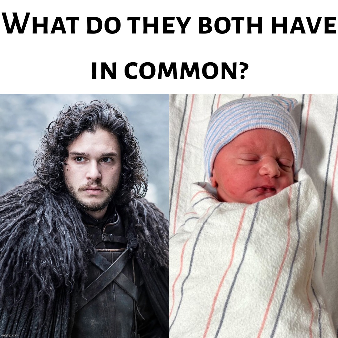 What do Jon Snow and a New Born Baby have in common? | image tagged in game of thrones,baby,newborn,tv show,fantasy | made w/ Imgflip meme maker