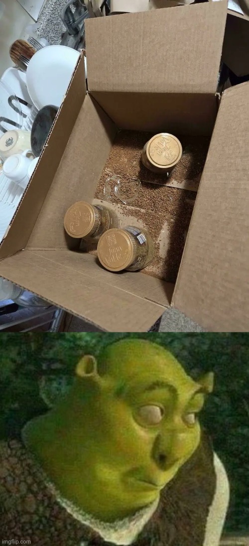 Messy jars of coffee stuff | image tagged in oops shrek,coffee,box,mess,memes,you had one job | made w/ Imgflip meme maker