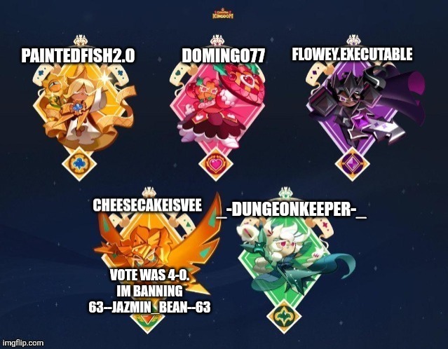 P.Fish,domingo,flowey.executable,ccisvee,and dungeonkeeper temp | Vote was 4-0. Im banning 63--JaZmIN_bEAn--63 | image tagged in p fish domingo flowey executable ccisvee and dungeonkeeper temp | made w/ Imgflip meme maker