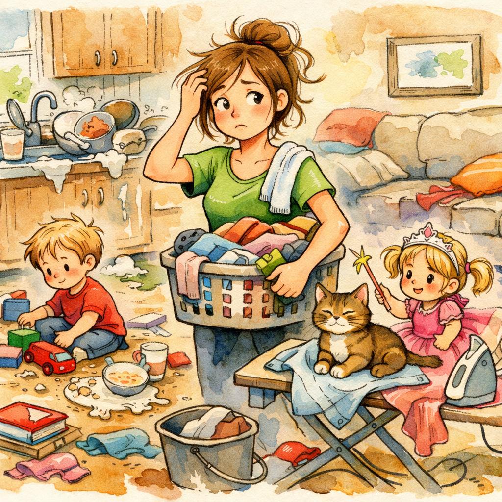 A young lady with two children with a messy house chores undone Blank Meme Template