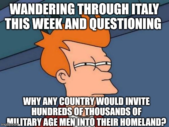 Futurama Fry Meme | Wandering through Italy this week and questioning; Why any country would invite hundreds of thousands of military age men into their homeland? | image tagged in memes,futurama fry | made w/ Imgflip meme maker