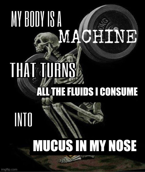 moar mucus | all the fluids i consume; mucus in my nose | image tagged in my body is machine | made w/ Imgflip meme maker