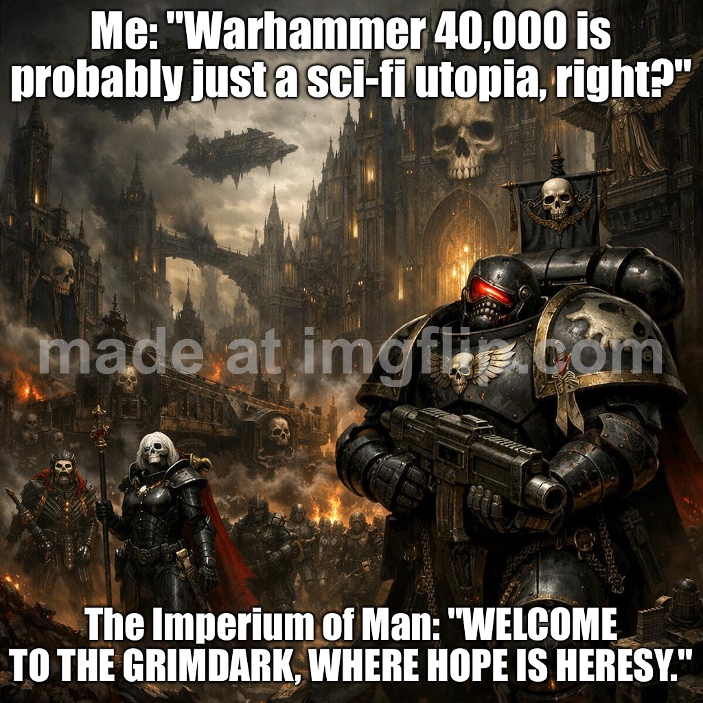 In the 41st millennium: humanity has conquered the stars…; …and still can’t go one day without starting a war over paperwork. | Me: "Warhammer 40,000 is probably just a sci‑fi utopia, right?"; The Imperium of Man: "WELCOME TO THE GRIMDARK, WHERE HOPE IS HERESY." | image tagged in warhammer 40 000,war,warhammer,stars,the future,dystopia | made w/ Imgflip meme maker