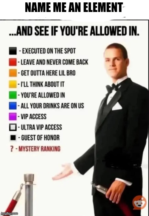 Repost this image and see if you’re allowed in | Name me an element | image tagged in repost this image and see if you re allowed in | made w/ Imgflip meme maker