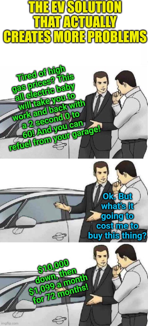 Spend $1000 a month on a new EV instead of an extra $20-$30 a week on gas? Sign me up!!! | The EV solution that actually creates more problems; Tired of high gas prices? This all electric baby will take you to work and back with a 2 second 0 to 60! And you can refuel from your garage! Ok. But what's it going to cost me to buy this thing? $10,000 down, then $1,099 a month for 72 months! | image tagged in car salesman slaps roof of car,scam,expensive,shut up and take my money,think about it,finance | made w/ Imgflip meme maker