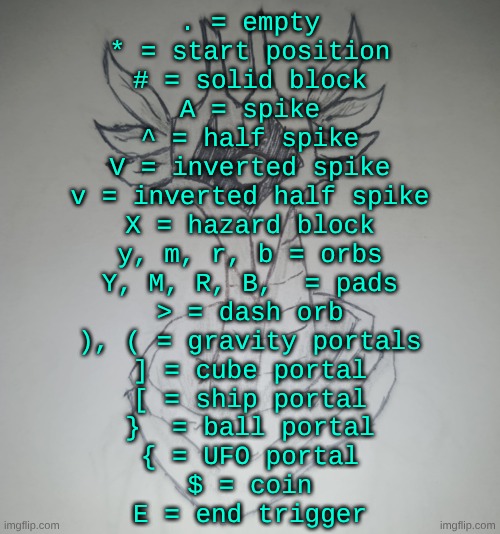 tile key for my gd ripoff | . = empty
* = start position
# = solid block
A = spike
^ = half spike
V = inverted spike
v = inverted half spike
X = hazard block
y, m, r, b = orbs
Y, M, R, B,  = pads
> = dash orb
), ( = gravity portals
] = cube portal
[ = ship portal
}  = ball portal
{ = UFO portal
$ = coin
E = end trigger | image tagged in hunter temp by shadowskul | made w/ Imgflip meme maker