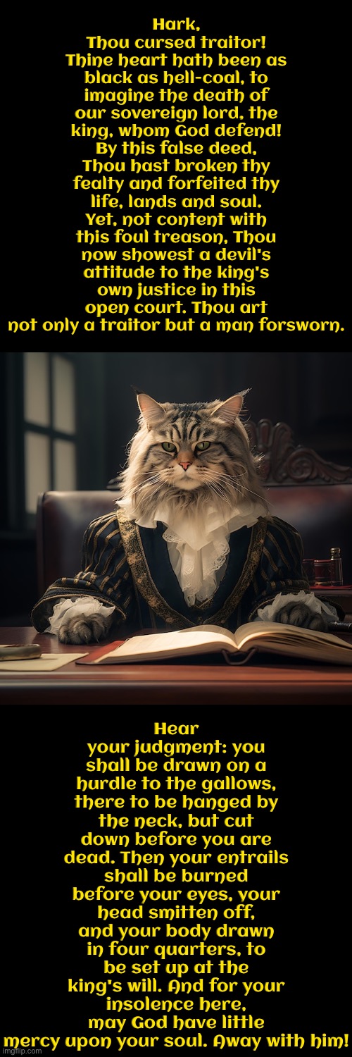 Thine Heart Hath Been As Black As Hell-Coal | Hark, Thou cursed traitor! Thine heart hath been as black as hell-coal, to imagine the death of our sovereign lord, the king, whom God defend! By this false deed, Thou hast broken thy fealty and forfeited thy life, lands and soul. Yet, not content with this foul treason, Thou now showest a devil's attitude to the king's own justice in this open court. Thou art not only a traitor but a man forsworn. Hear your judgment: you shall be drawn on a hurdle to the gallows, there to be hanged by the neck, but cut down before you are dead. Then your entrails shall be burned before your eyes, your head smitten off, and your body drawn in four quarters, to be set up at the king's will. And for your insolence here, may God have little mercy upon your soul. Away with him! | image tagged in cats,medieval memes,the king,assassination,execution,funny cats | made w/ Imgflip meme maker