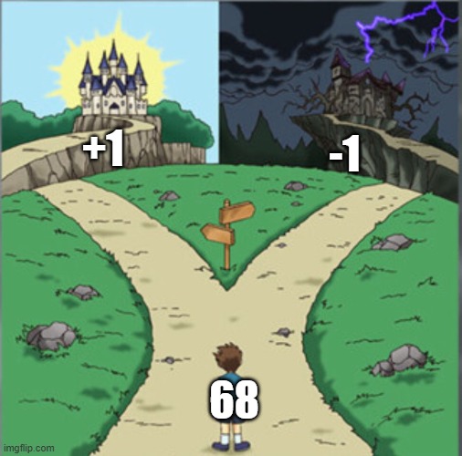 iykyk | +1; -1; 68 | image tagged in yu-gi-oh dramatic crossroads | made w/ Imgflip meme maker