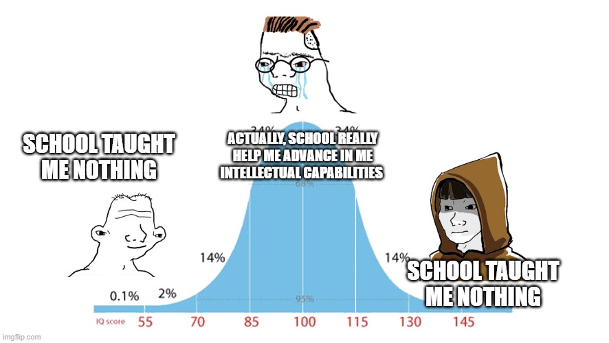 What school teaches us | Actually, school really help me advance in me intellectual capabilities; School taught me nothing; School taught me nothing | image tagged in midwit memes | made w/ Imgflip meme maker