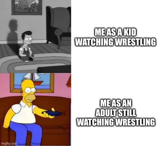 Wrestling Still Rules | Me as a kid watching wrestling; Me as an adult still watching wrestling | image tagged in young and old homer simpson watch tv,wrestling,wwe,watching,fight | made w/ Imgflip meme maker