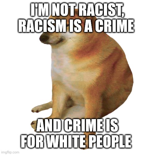 I'm not racist, racism is a crime, and crime is for white people | I'm not racist, racism is a crime; And crime is for white people | image tagged in cheems,black privilege meme | made w/ Imgflip meme maker