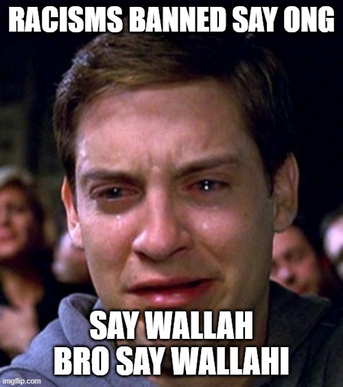crying peter parker | racisms banned say ong; Say Wallah bro say Wallahi | image tagged in crying peter parker | made w/ Imgflip meme maker