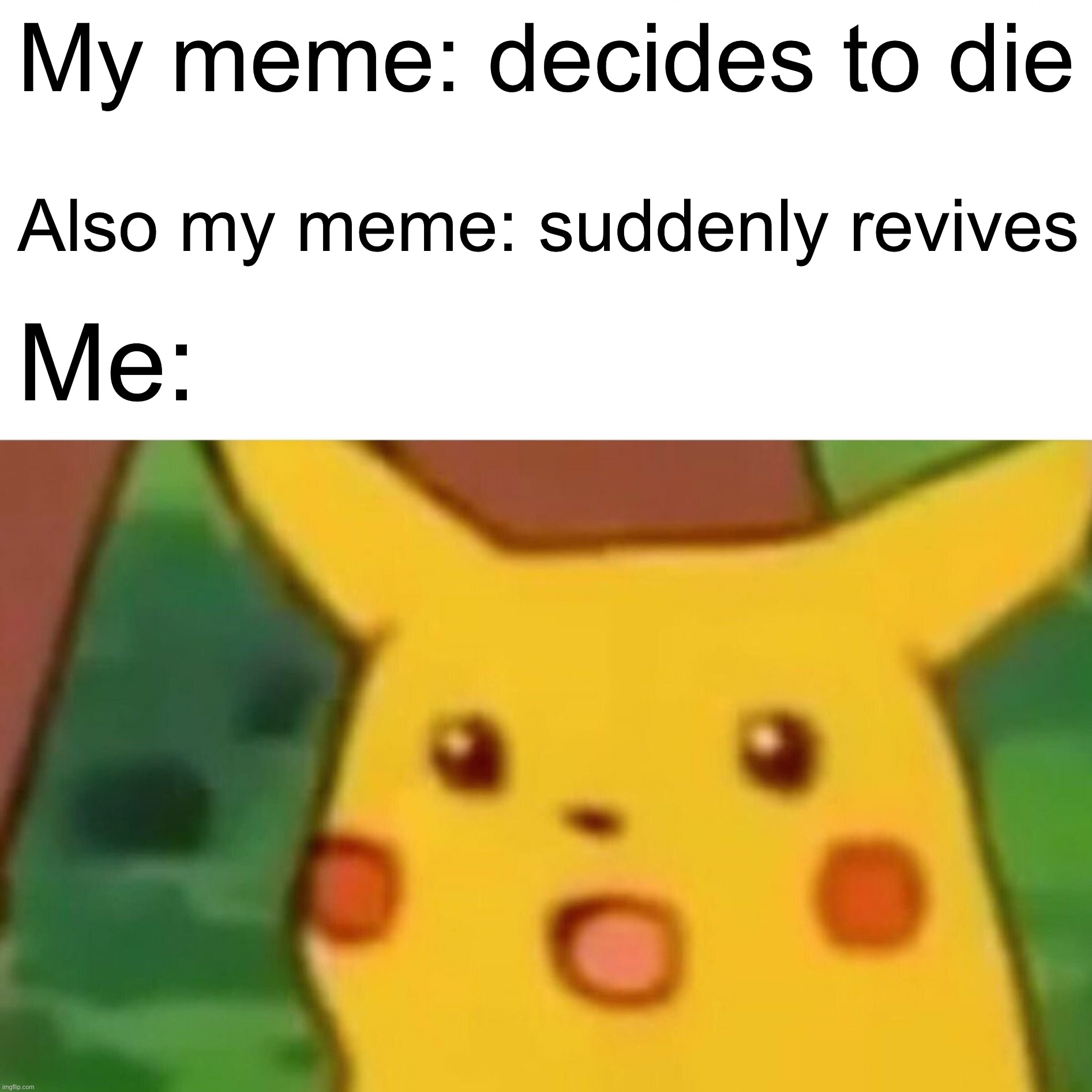 I’m talking about the one with the cat so if u wanna see that | My meme: decides to die; Also my meme: suddenly revives; Me: | image tagged in memes,surprised pikachu | made w/ Imgflip meme maker
