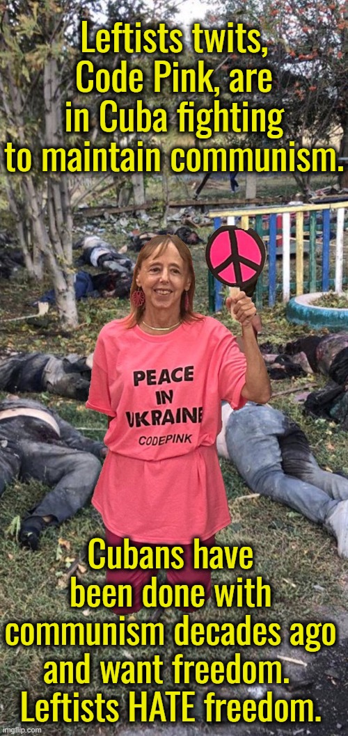 For decades Cubans have been risking their lives to escape Cuba.  Now freedom is in their grasp, here come the leftists | Leftists twits, Code Pink, are in Cuba fighting to maintain communism. Cubans have been done with communism decades ago and want freedom.  Leftists HATE freedom. | image tagged in leftists hate freedom,leftists call liberty nazism,leftists call freedom fascism,leftists are idiots | made w/ Imgflip meme maker