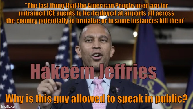 ICE | "The last thing that the American People need are for untrained ICE agents to be deployed at airports all across the country potentially to brutalize or in some instances kill them"; Hakeem Jeffries; Why is this guy allowed to speak in public? | image tagged in hakeem jeffries,illegal immigrants,donald trump,secure the border,funny memes,democrats | made w/ Imgflip meme maker