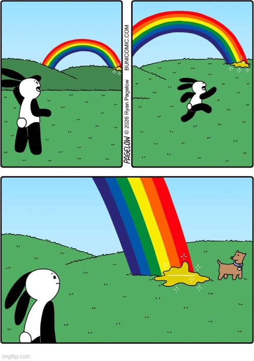 Buni Comics - A different kind of “gold” at the end of this rainbow | image tagged in comics,buni comics,rainbow,dog,peeing,disappointment | made w/ Imgflip meme maker