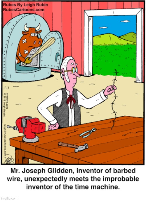 Rubes | image tagged in comics,rubes,cow,time machine,barbed wire,revenge | made w/ Imgflip meme maker